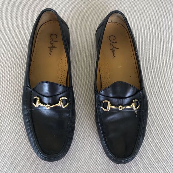 Cole Haan means Black Leather Loafers with Gold Detail - Picture 1 of 6